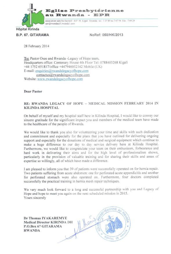 KILINDA HOSPITAL LETTER