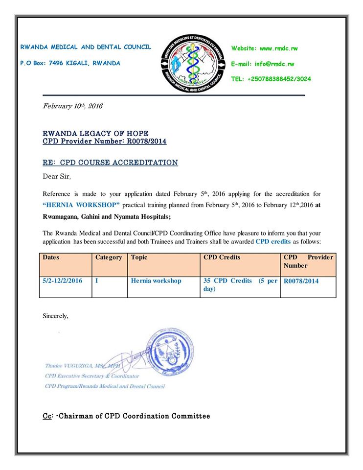 Hernia Operation CPD accreditation awarded by the Rwanda Legacy of Hope medical trainers.